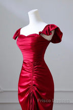 Simple Sweetheart Neck Satin Burgundy Long Formal Prom Dress, Burgundy Long Formal Dress