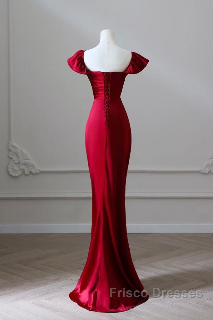 Simple Sweetheart Neck Satin Burgundy Long Formal Prom Dress, Burgundy Long Formal Dress