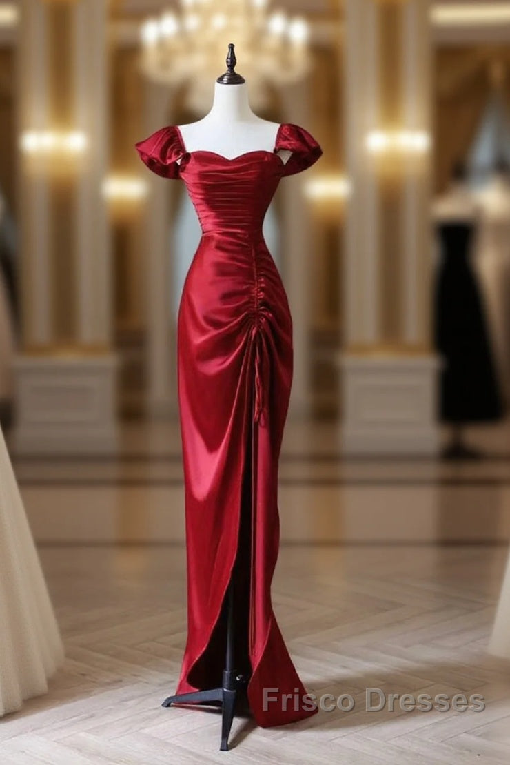 Simple Sweetheart Neck Satin Burgundy Long Formal Prom Dress, Burgundy Long Formal Dress