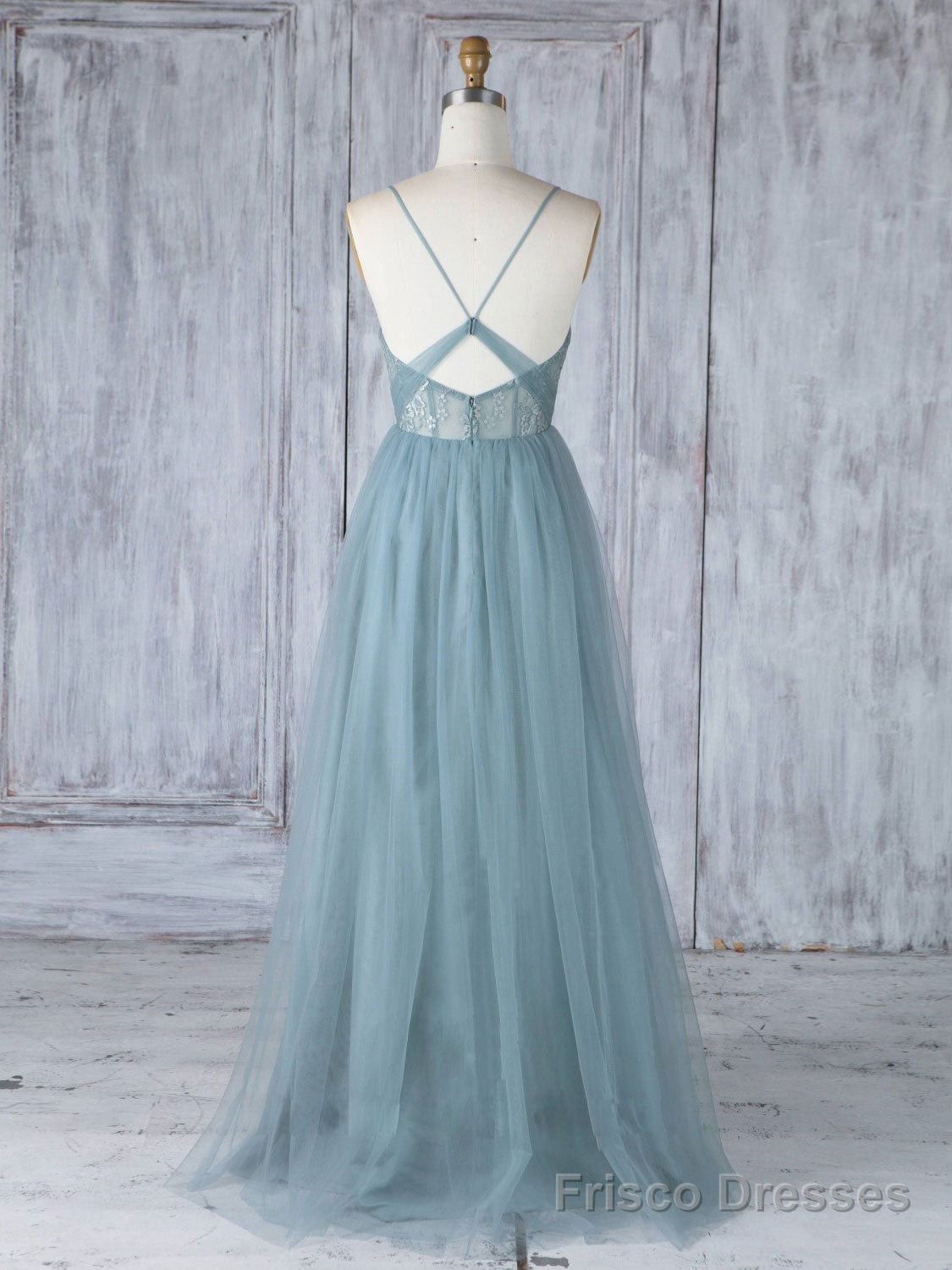 Simple Sweetheart Neck Tulle Lace Long Prom Dresses, Gray Blue Bridesmaid Dresses Secondary image