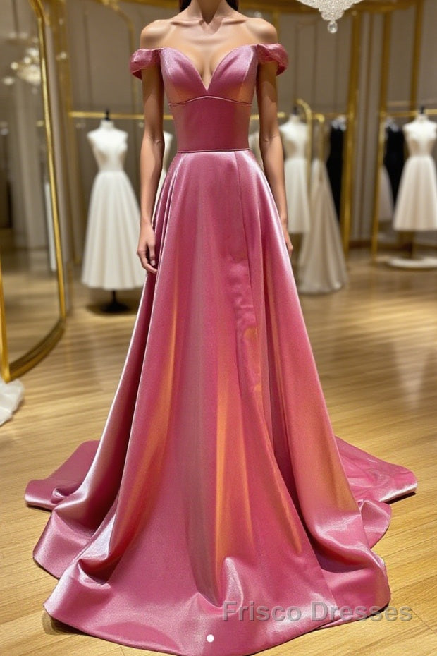 Simple sweetheart off shoulder satin long Formal Prom Dresses