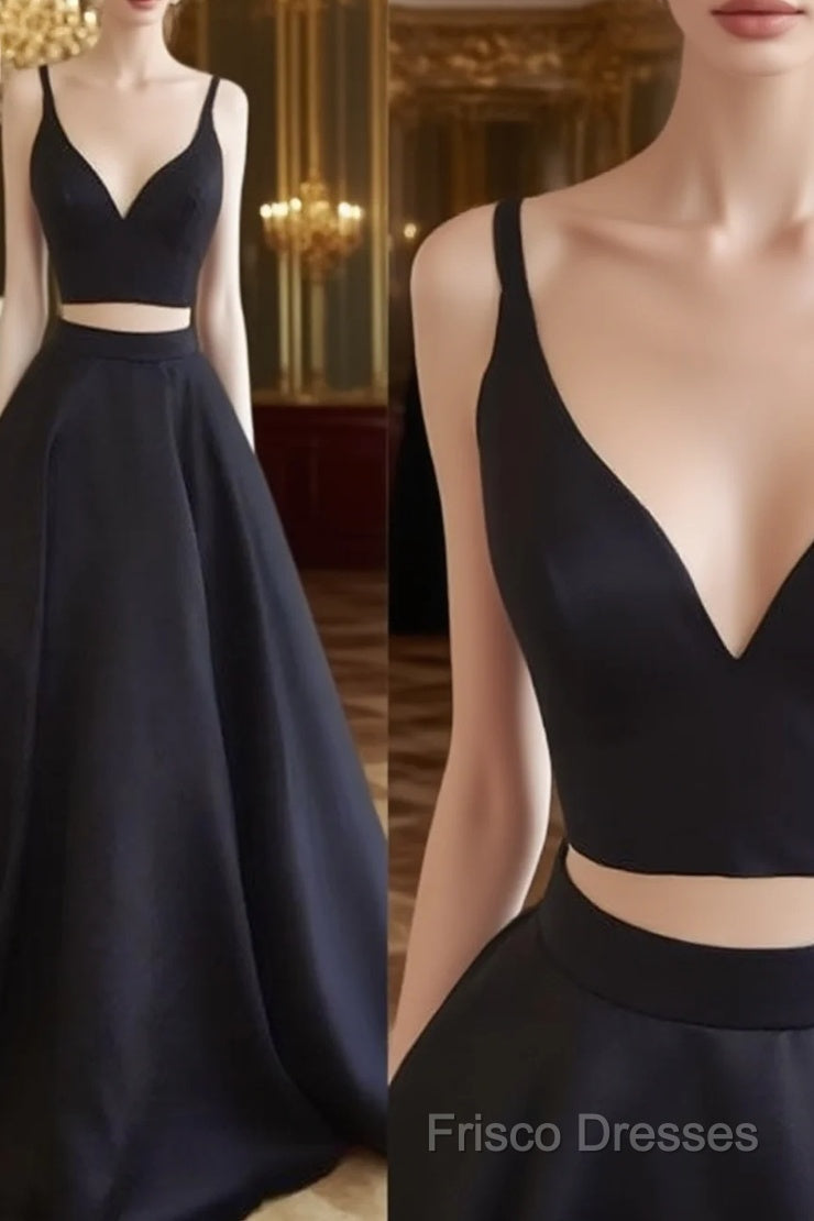 Simple Two Pieces Black Long Formal Prom Dress, Black Formal Dress Main image
