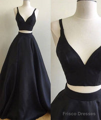 Simple Two Pieces Black Long Prom Dress, Black Evening Dress