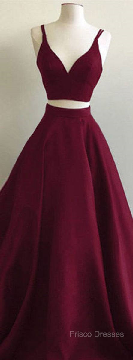 Simple Two Pieces Burgundy Long Formal Prom Dress, Burgundy Formal Dress