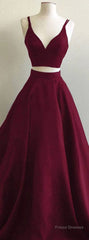 Simple Two Pieces Burgundy Long Prom Dress, Burgundy Evening Dress