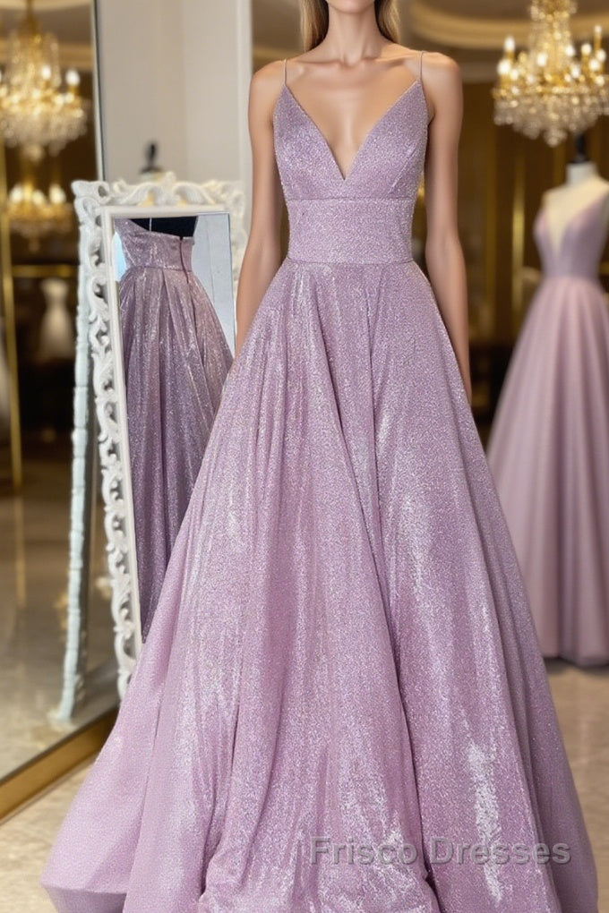 Simple v neck A-line long Formal Prom Dresses sequin evening Dresses Main image