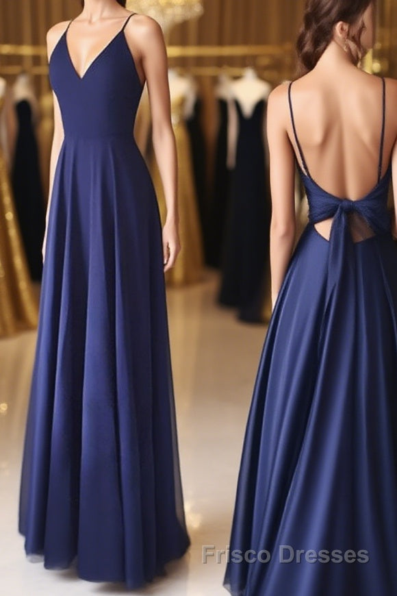 Simple V Neck Backless Blue Long Formal Prom Dresses, V Neck Blue Formal Evening Dresses, Blue Graduation Dresses