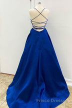 Simple V Neck Backless Royal Blue Satin Long Formal Prom Dresses, Royal Blue Backless Formal Dresses, Royal Blue Evening Dresses, Ball Gown