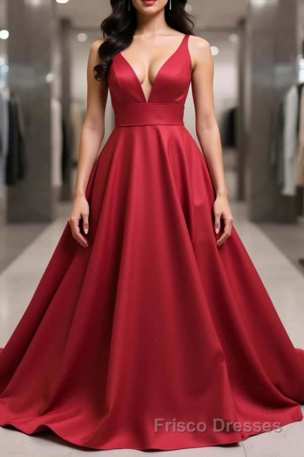 Simple v neck burgundy satin long Formal Prom Dresses  burgundy formal Dresses