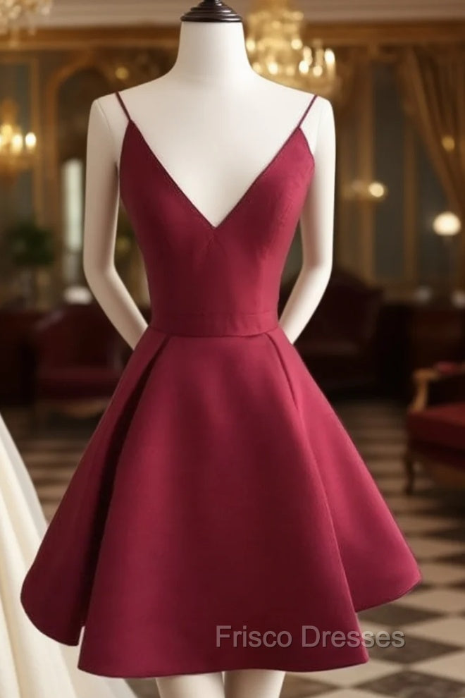 Simple V Neck Burgundy Short Formal Prom Dress, Burgundy Homecoming Dress Main image