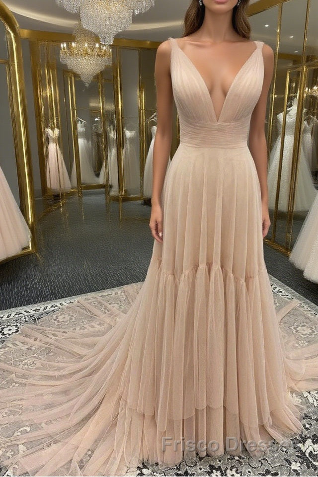 Simple v neck champagne tulle long Formal Prom Dresses, champagne evening Dresses Main image