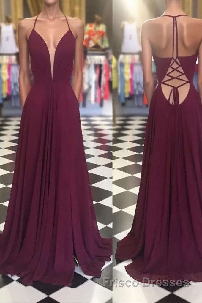 Simple v neck chiffon backless long Formal Prom Dresses, Burgundy evening Dresses