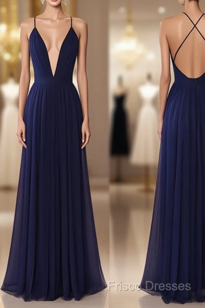 Simple V Neck Dark Blue Tulle Long Formal Prom Dress, Formal Dress Main image