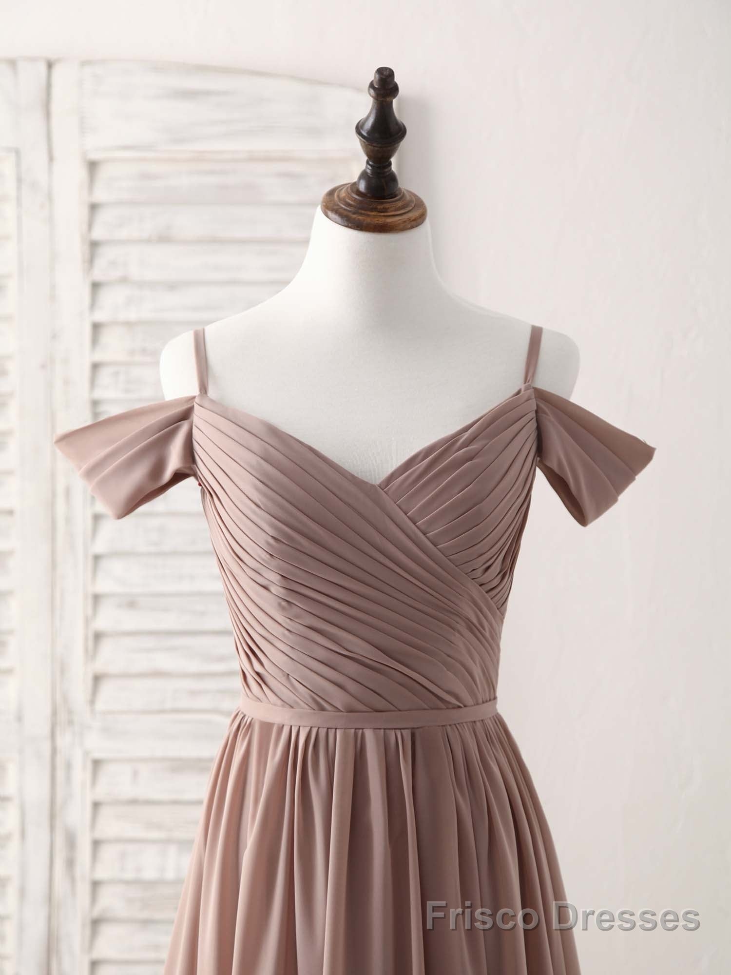 Simple V Neck Dark Champagne Chiffon Long Prom Dress, Bridesmaid Dress