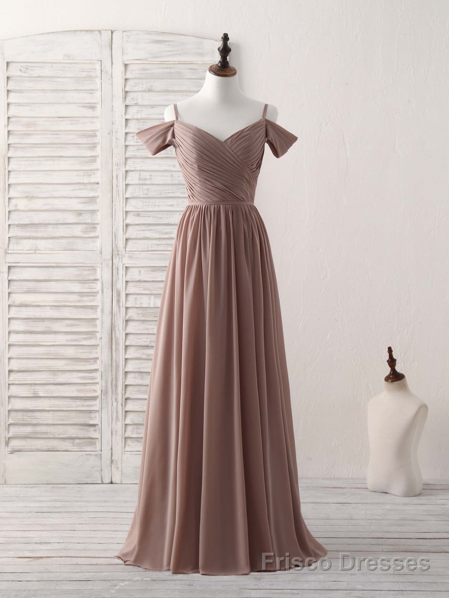 Simple V Neck Dark Champagne Chiffon Long Prom Dress, Bridesmaid Dress Main image
