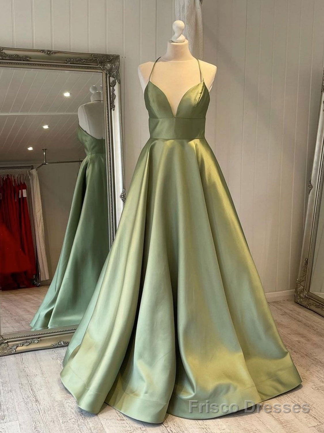 Simple v neck green satin long prom dress, green evening dress Main image