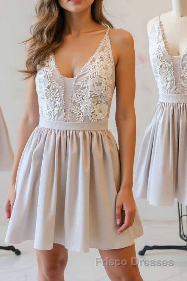 Simple v neck lace short Formal Prom Dresses, homecoming Dresses Main image