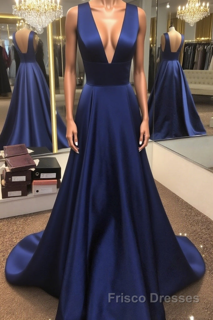 Simple V Neck Open Back Blue Long Formal Prom Dresses, V Neck Blue Formal Dresses, Blue Evening Dresses Main image