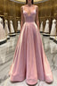 Simple v neck pink satin long Formal Prom Dresses pink formal Dresses