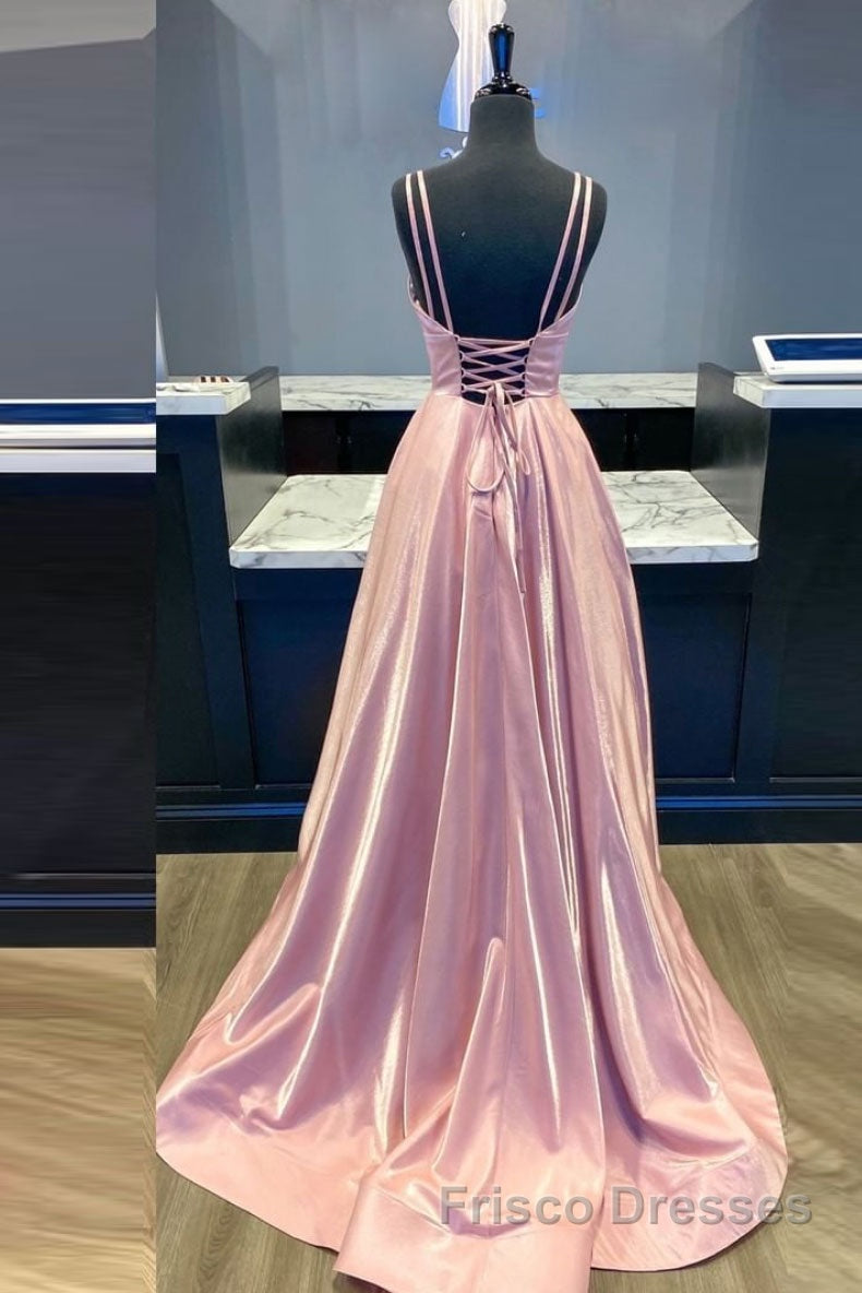 Simple v neck pink satin long Formal Prom Dresses pink formal Dresses Secondary image