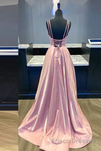 Simple v neck pink satin long Formal Prom Dresses pink formal Dresses