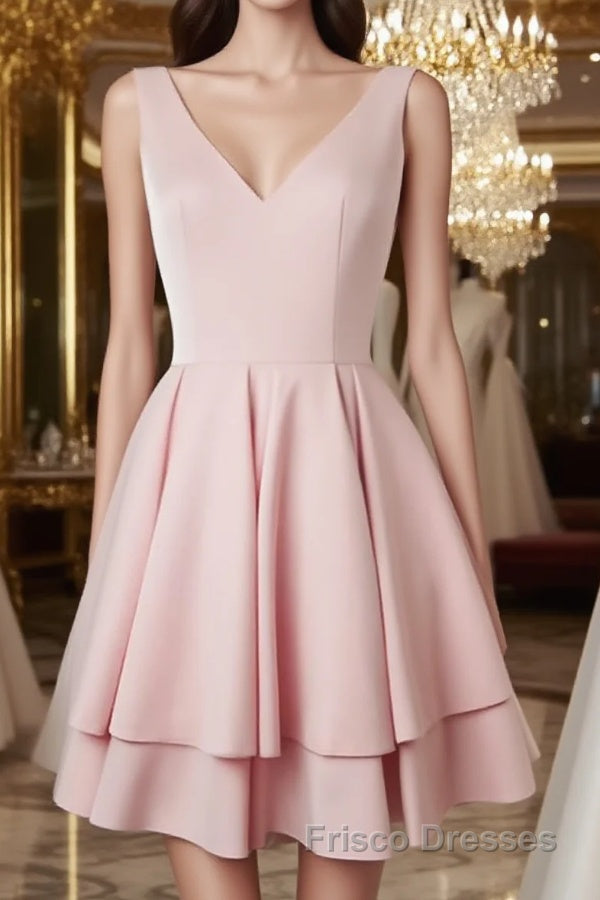 Simple v neck pink short Formal Prom Dresses, cute pink homecoming Dresses