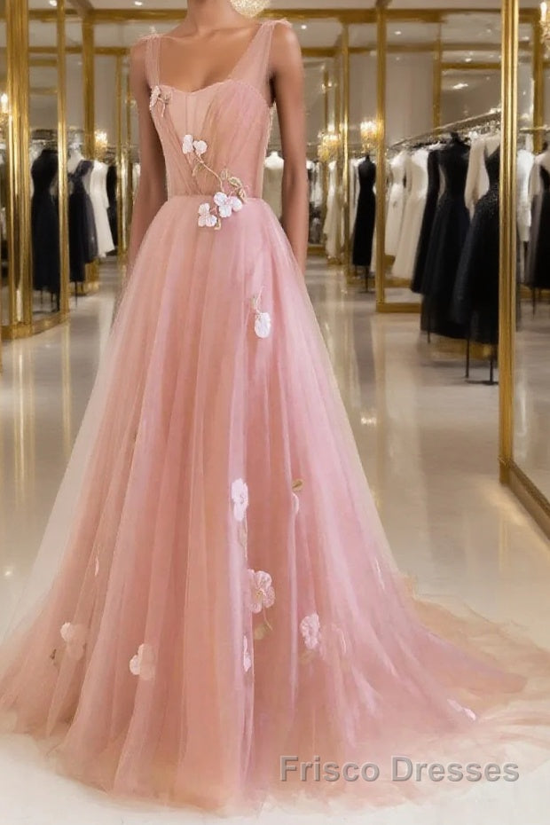 Simple v neck pink tulle long Formal Prom Dresses, pink evening Dresses Main image