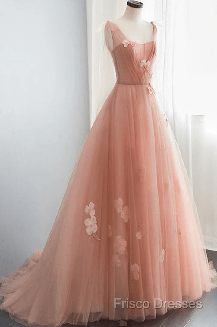 Simple V Neck Pink Tulle Long Formal Prom Dress Pink Tulle A Line Formal Dress Secondary image