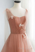 Simple V Neck Pink Tulle Long Formal Prom Dress Pink Tulle A Line Formal Dress