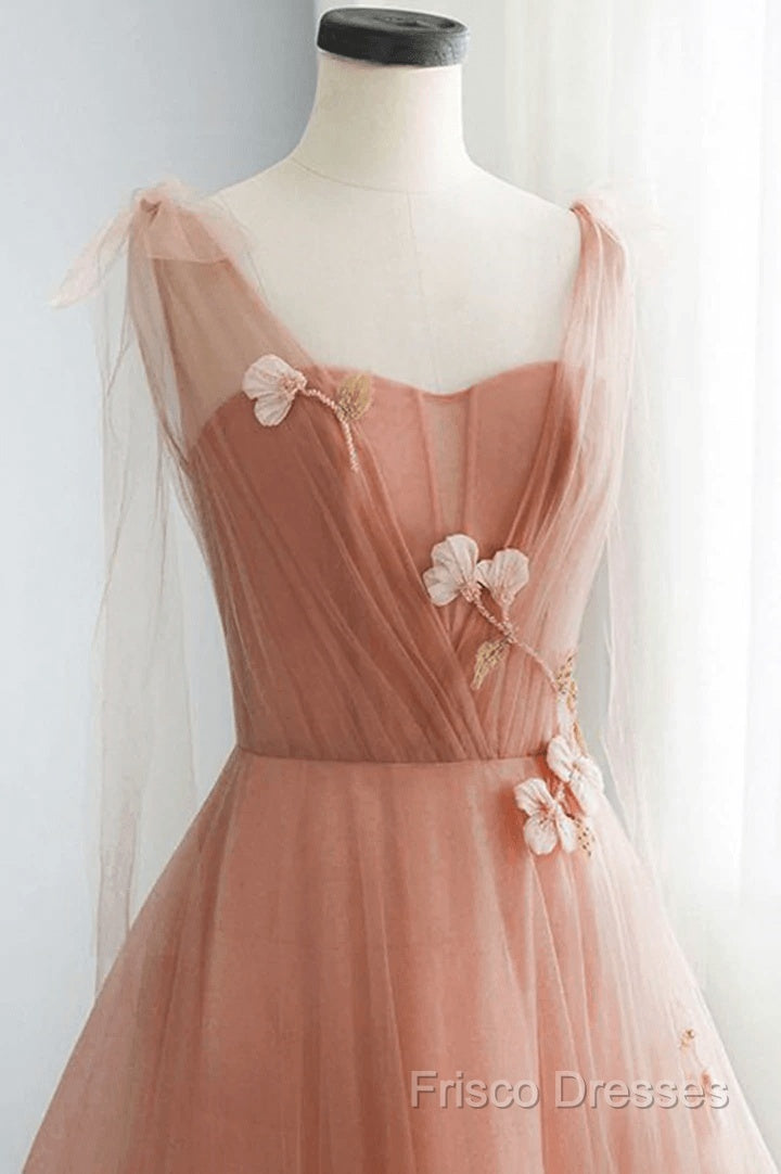 Simple V Neck Pink Tulle Long Formal Prom Dress Pink Tulle A Line Formal Dress