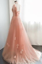 Simple V Neck Pink Tulle Long Formal Prom Dress Pink Tulle A Line Formal Dress