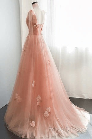 Simple V Neck Pink Tulle Long Formal Prom Dress Pink Tulle A Line Formal Dress