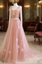 Simple V Neck Pink Tulle Long Formal Prom Dress Pink Tulle A Line Formal Dress