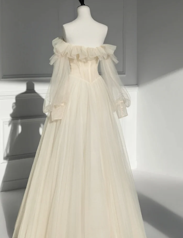 Champagne Off-The-Shoulder Gown Dress Long Sleeve Prom Dress Evening Dress Secondary image