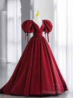 Simple V Neck Puffy Sleeves Satin Long Prom Dress, Satin Evening Dress