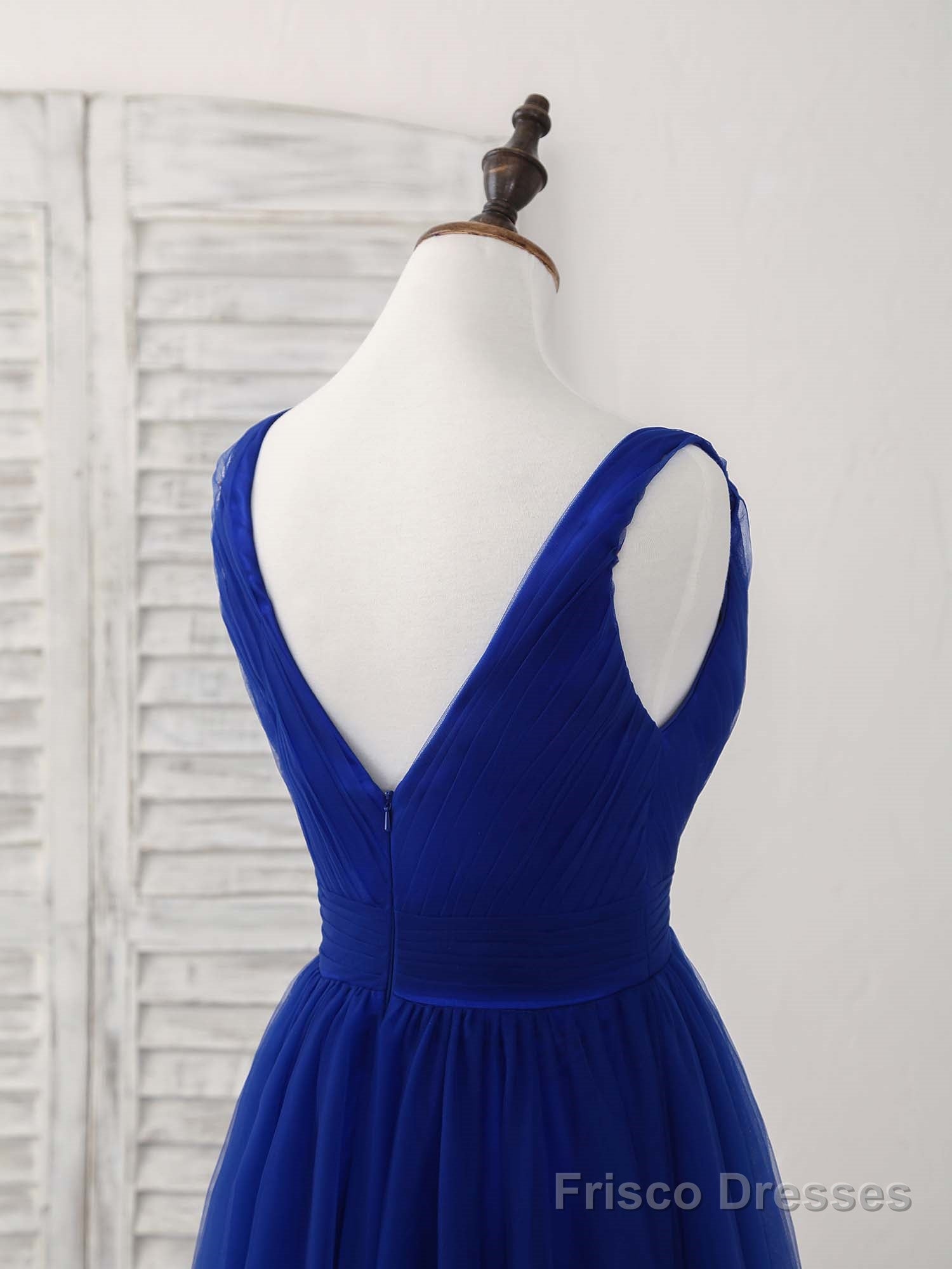 Simple V Neck Royal Blue Tulle Long Prom Dress Blue Evening Dress