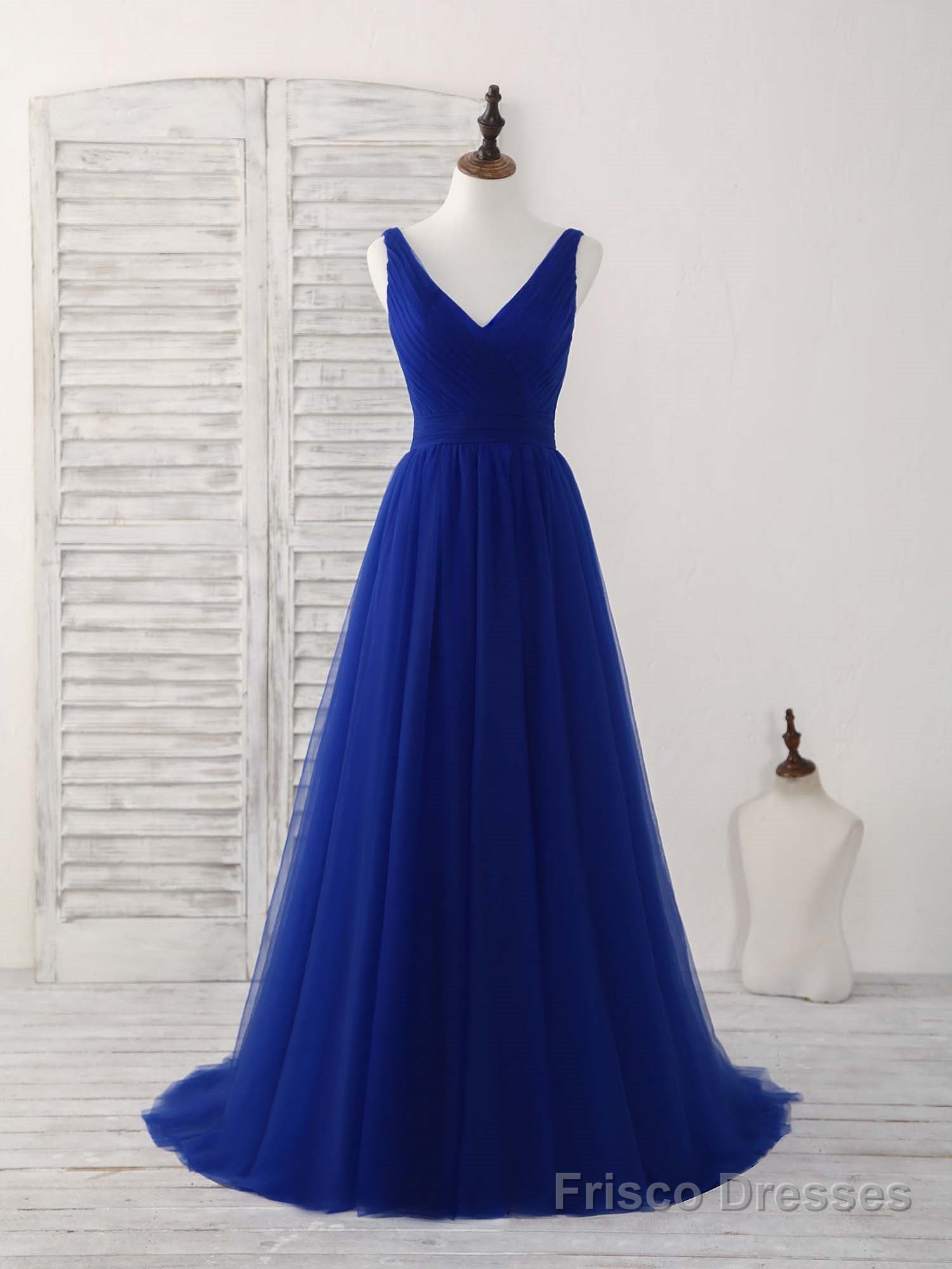 Simple V Neck Royal Blue Tulle Long Prom Dress Blue Evening Dress