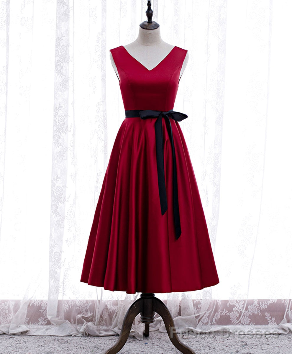 Simple V Neck Satin Burgundy Short Prom Dress, Burgundy Bridesmaid Dress Secondary image