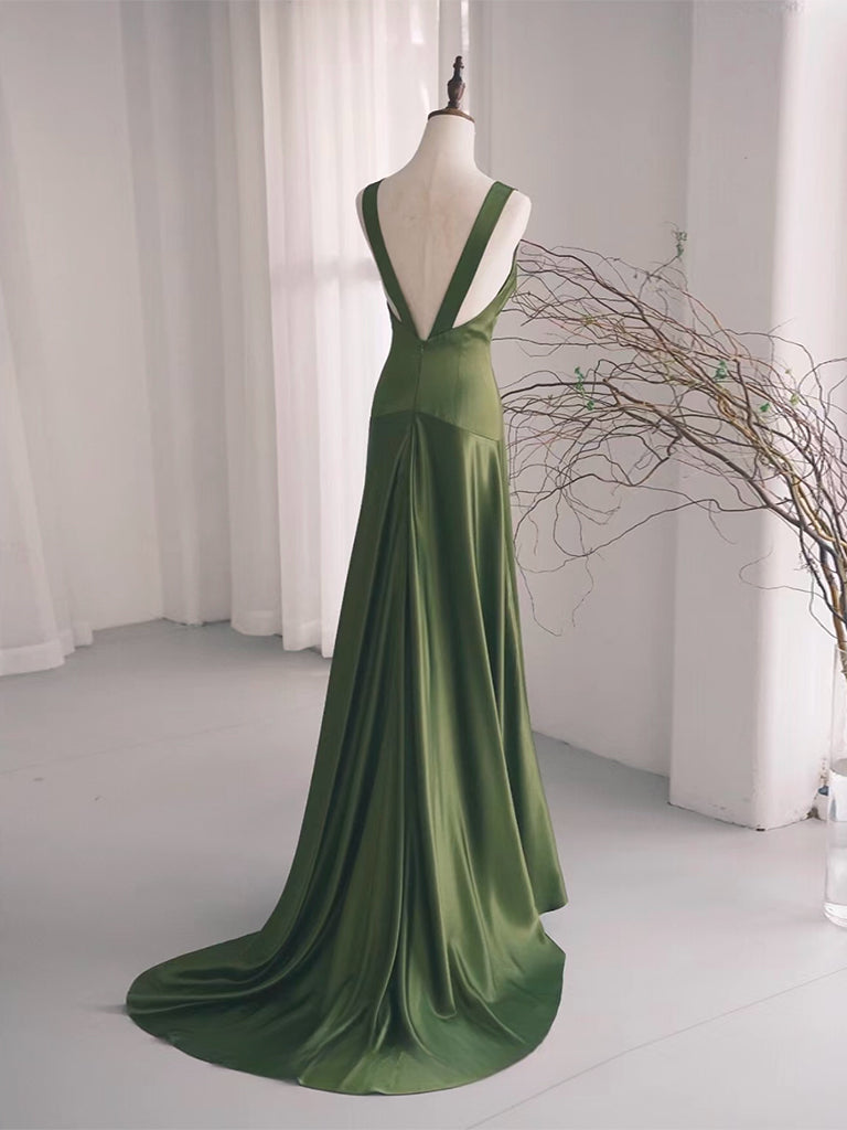 Simple V Neck Satin Green Long Prom Dress, Green Long Formal Dress Secondary image