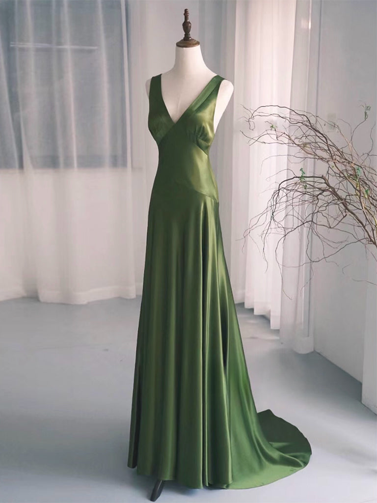 Simple V Neck Satin Green Long Prom Dress, Green Long Formal Dress Main image