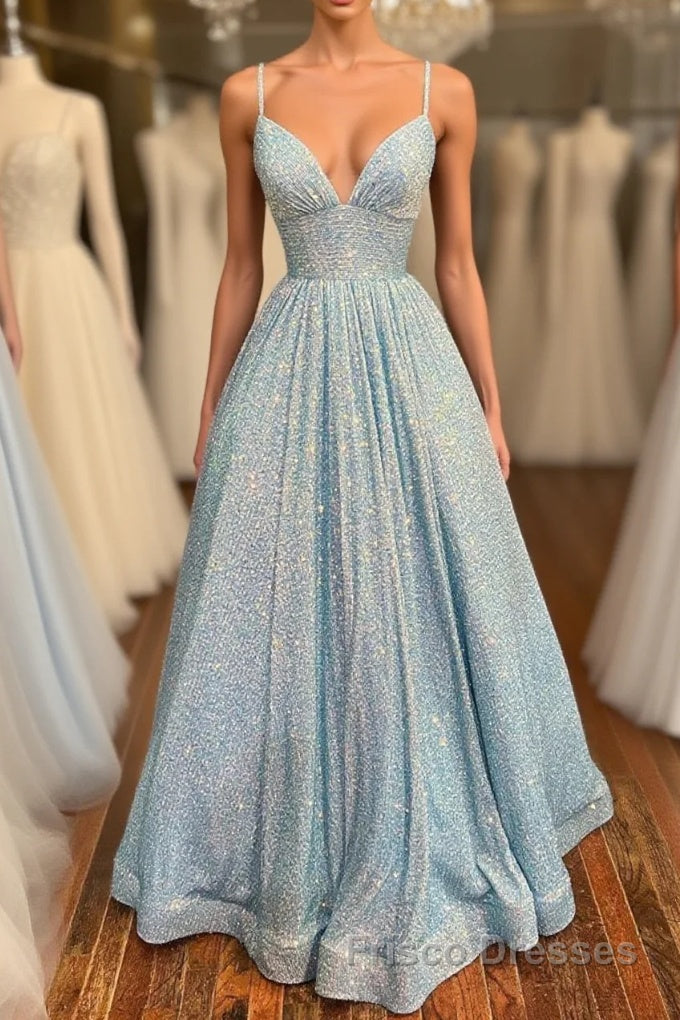 Simple v neck sequin long Formal Prom Dresses, blue sequin formal Dresses Main image