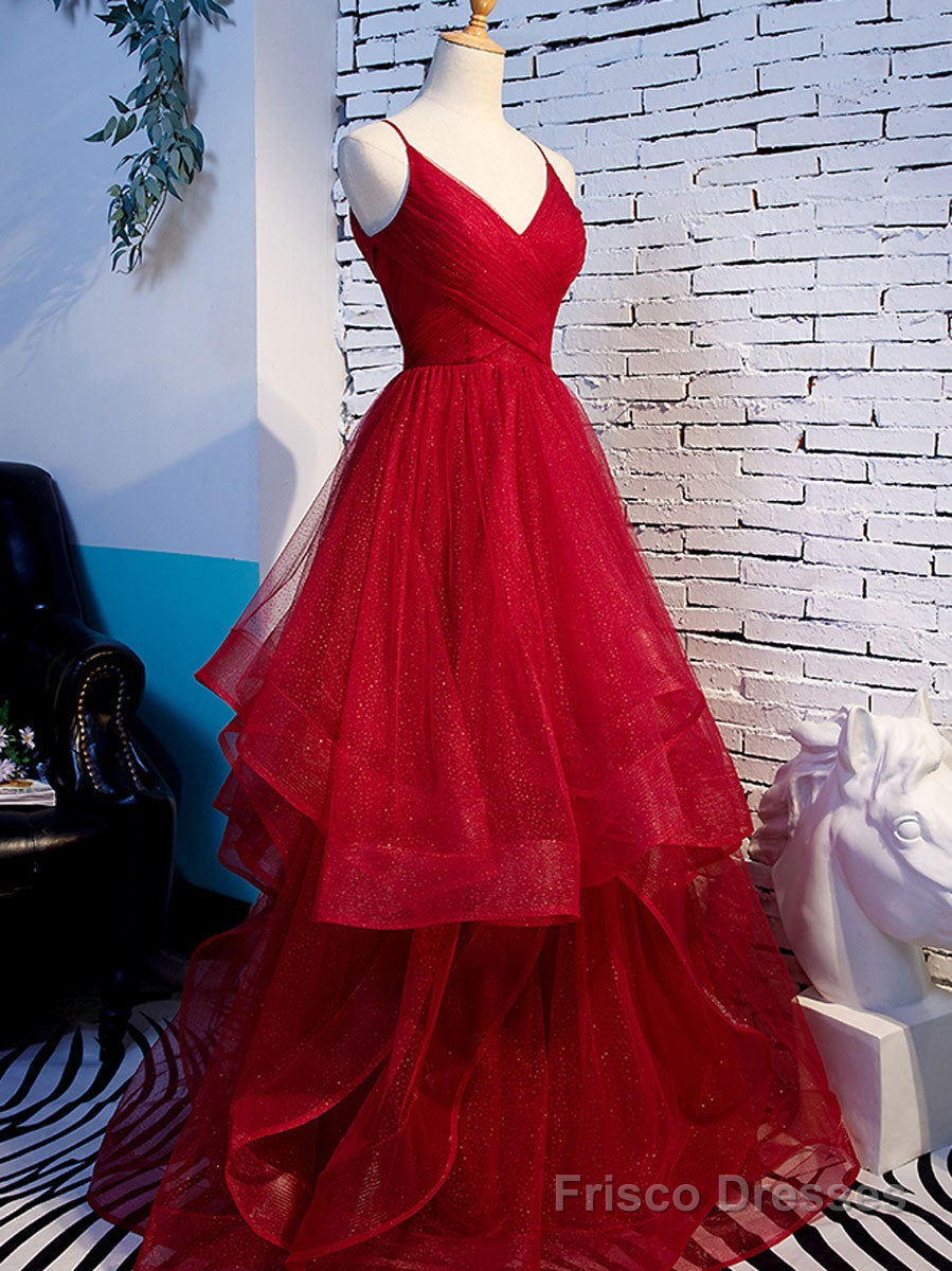 Simple V Neck Tulle Burgundy Long Prom Dress, Burgundy Formal Graduation Dresses Main image