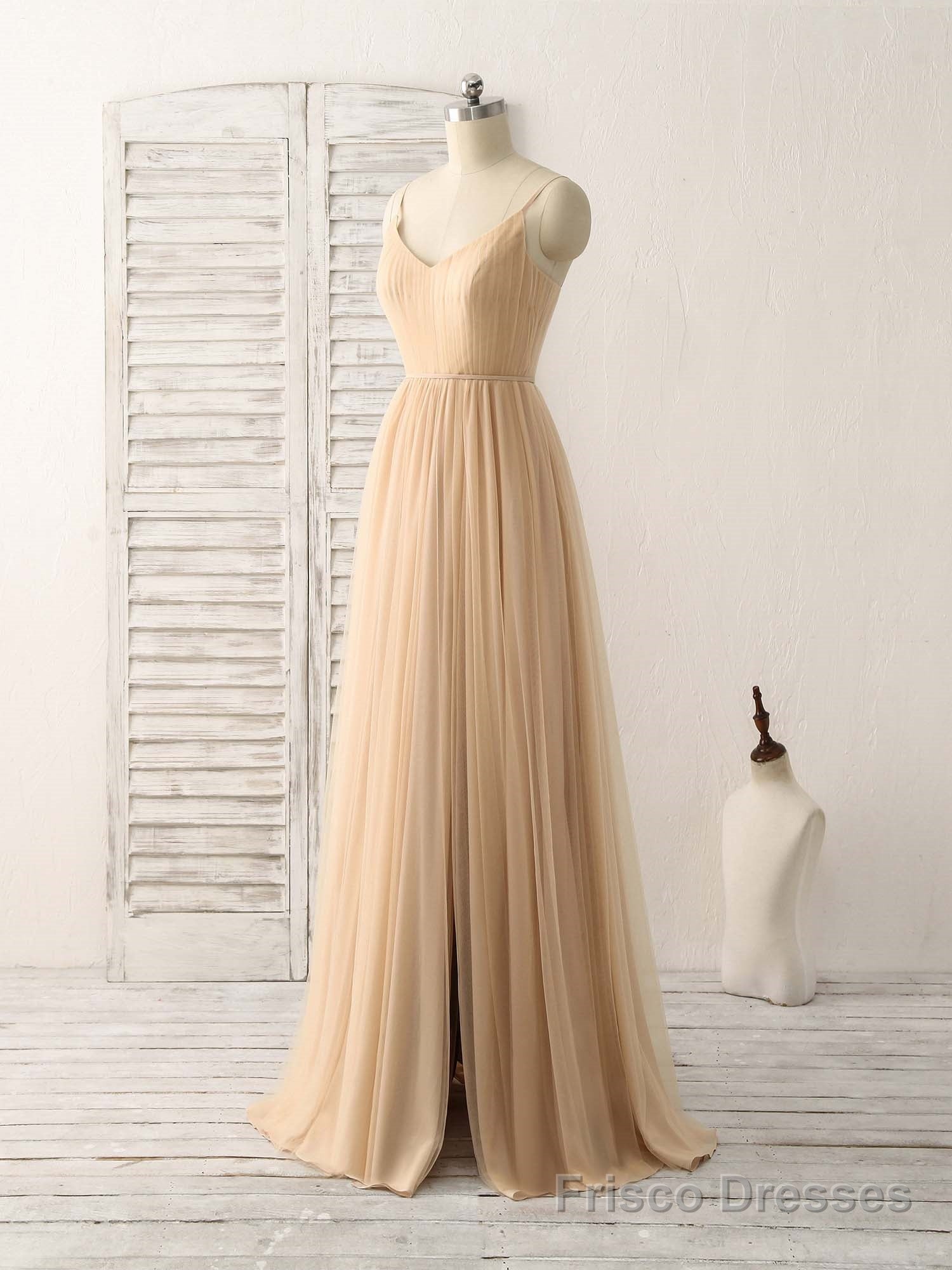 Simple V Neck Tulle Chiffon Long Prom Dress Champagne Bridesmaid Dress Secondary image