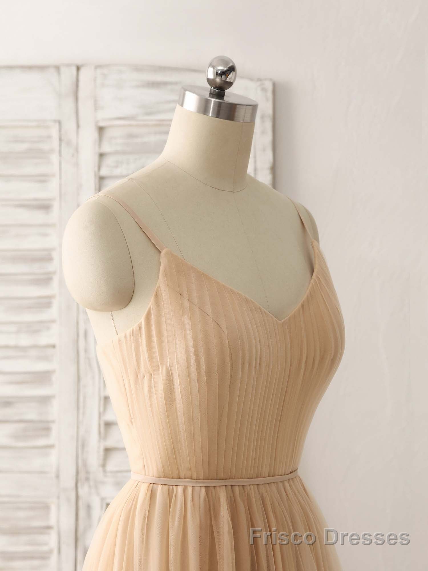 Simple V Neck Tulle Chiffon Long Prom Dress Champagne Bridesmaid Dress