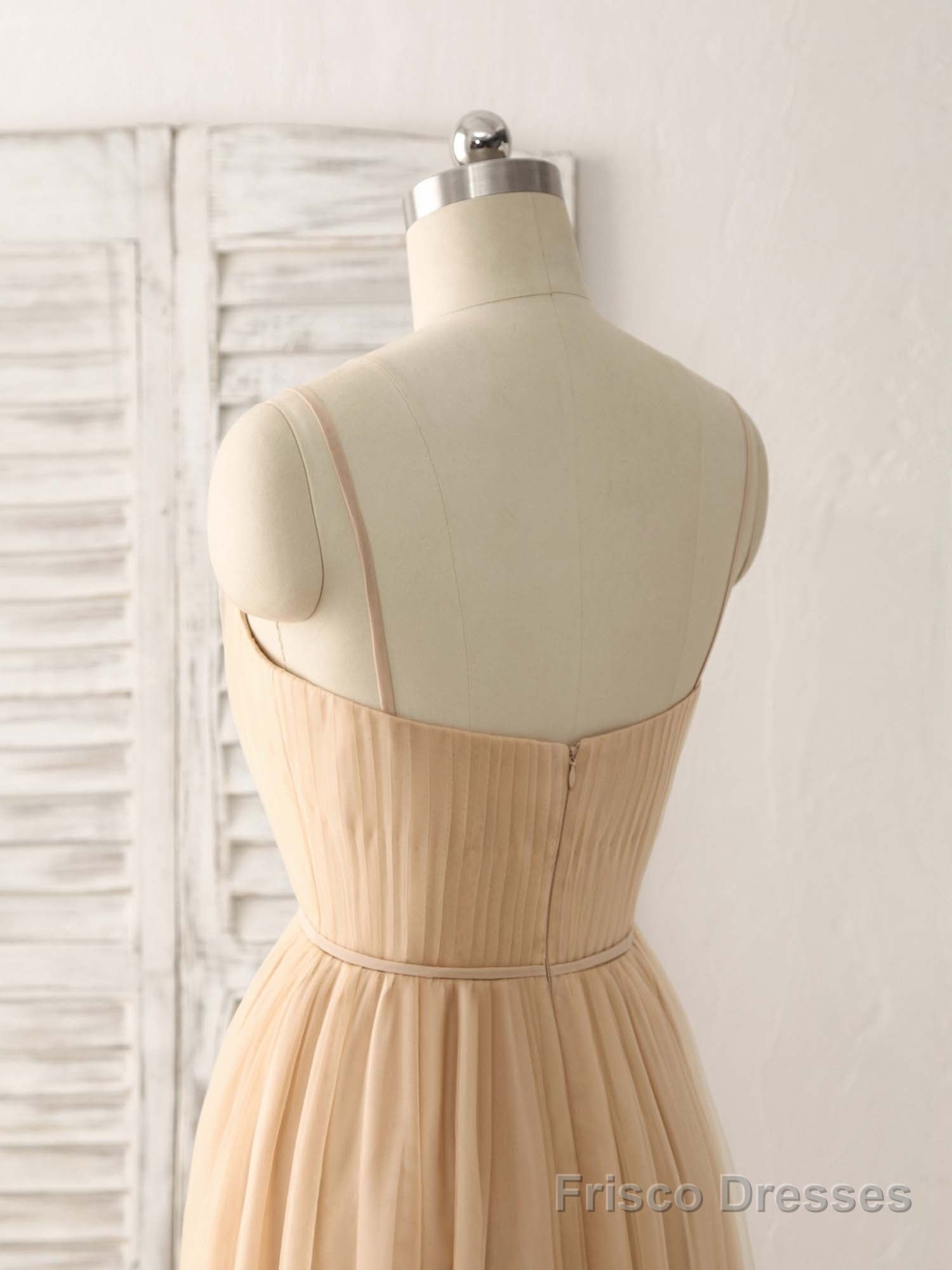 Simple V Neck Tulle Chiffon Long Prom Dress Champagne Bridesmaid Dress