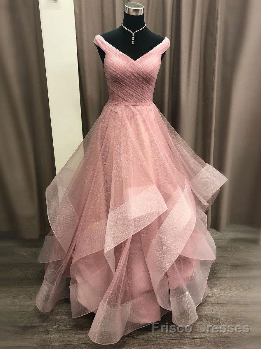 Simple V Neck Tulle Long Pink Prom Dress, Pink Tulle Formal Dresses Main image