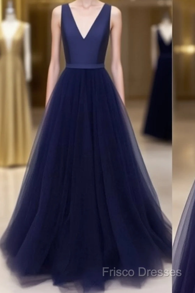 Simple V Neck Tulle Long Formal Prom Dress, Dark Blue Formal Dress Main image