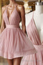 Simple v neck tulle pink short Formal Prom Dresses pink bridesmaid Dresses