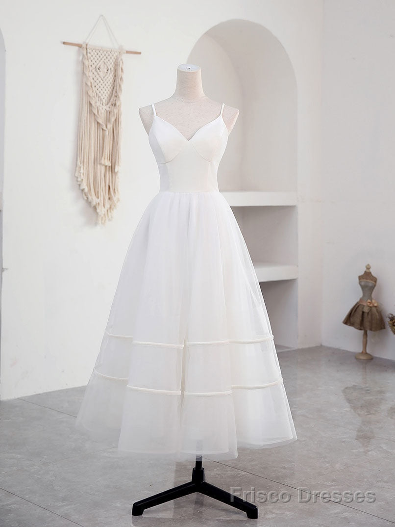 Simple V Neck Tulle Tea Length White Prom Dress, White Bridesmaid Dress Secondary image