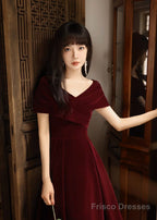 Simple V Neck Velvet Burgundy Long Prom Dress, Burgundy Long Formal Dress